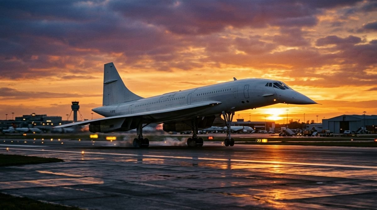 Aterrizaje del Concorde al atardecer mostrando su ala delta y morro basculante