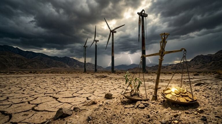 Metafora visual de la crisis financiera de la energia verde con aerogeneradores dañados en un desierto y una balanza con monedas bajo un cielo de tormenta.