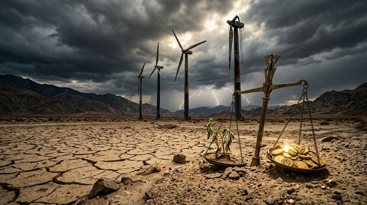 Metafora visual de la crisis financiera de la energia verde con aerogeneradores dañados en un desierto y una balanza con monedas bajo un cielo de tormenta.