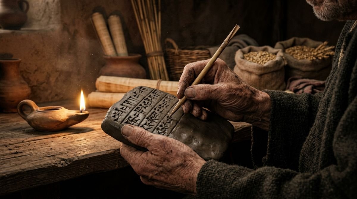 Manos de un escriba mesopotamico tallando marcas cuneiformes en una tablilla de arcilla humeda iluminada por luz calida.