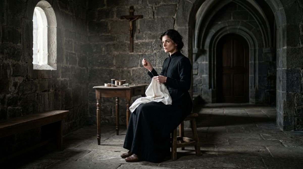 Joven costurera inspirada en Coco Chanel en un austero convento con iluminación claroscuro