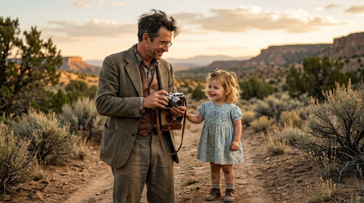 Edwin Land y su hija pequeña en el desierto de Santa Fe en 1943, momento de inspiración para la creación de la fotografía instantánea Polaroid.