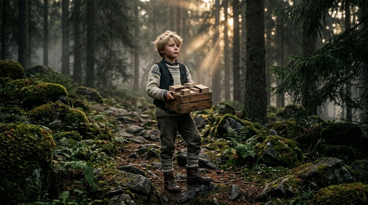 Nino en un bosque pedregoso de Suecia sosteniendo fosforos de madera, representando la infancia de Ingvar Kamprad y el origen de la mentalidad de ahorro de IKEA.