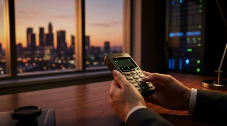 Primer plano de manos de un ejecutivo sosteniendo un telefono movil retro con teclado fisico en una oficina de lujo al atardecer.