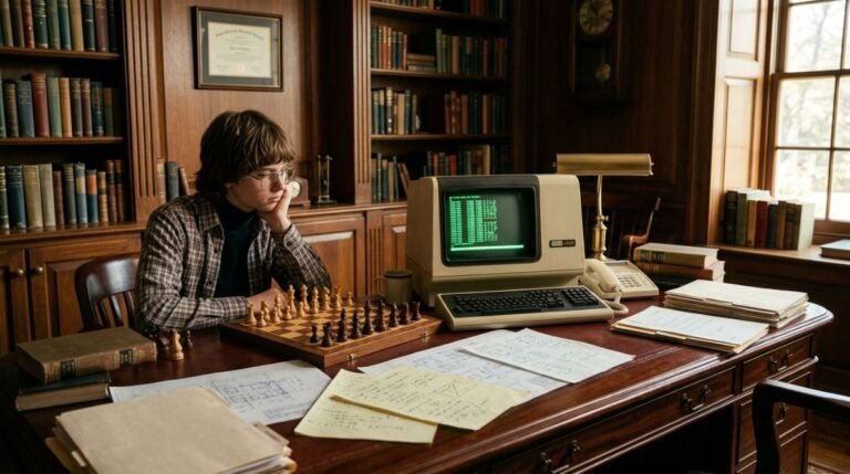 Retrato conceptual de un joven estratega tecnológico de los años 70 en una oficina de élite rodeado de códigos y documentos de negocios.