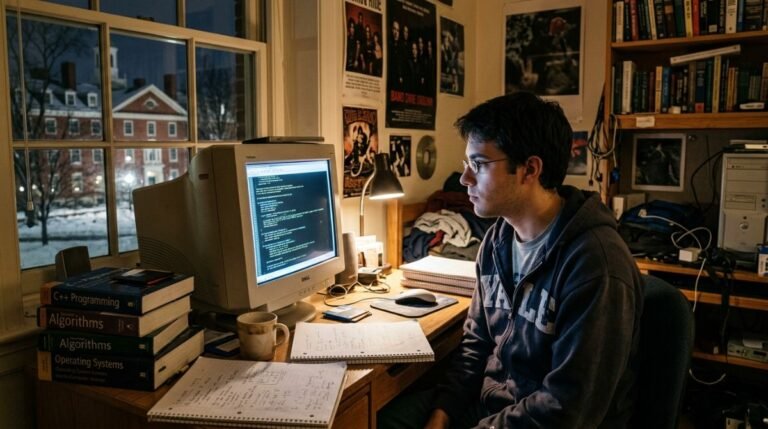 Estudiante de informatica programando frente a un monitor de tubo en un dormitorio de Harvard en 2003