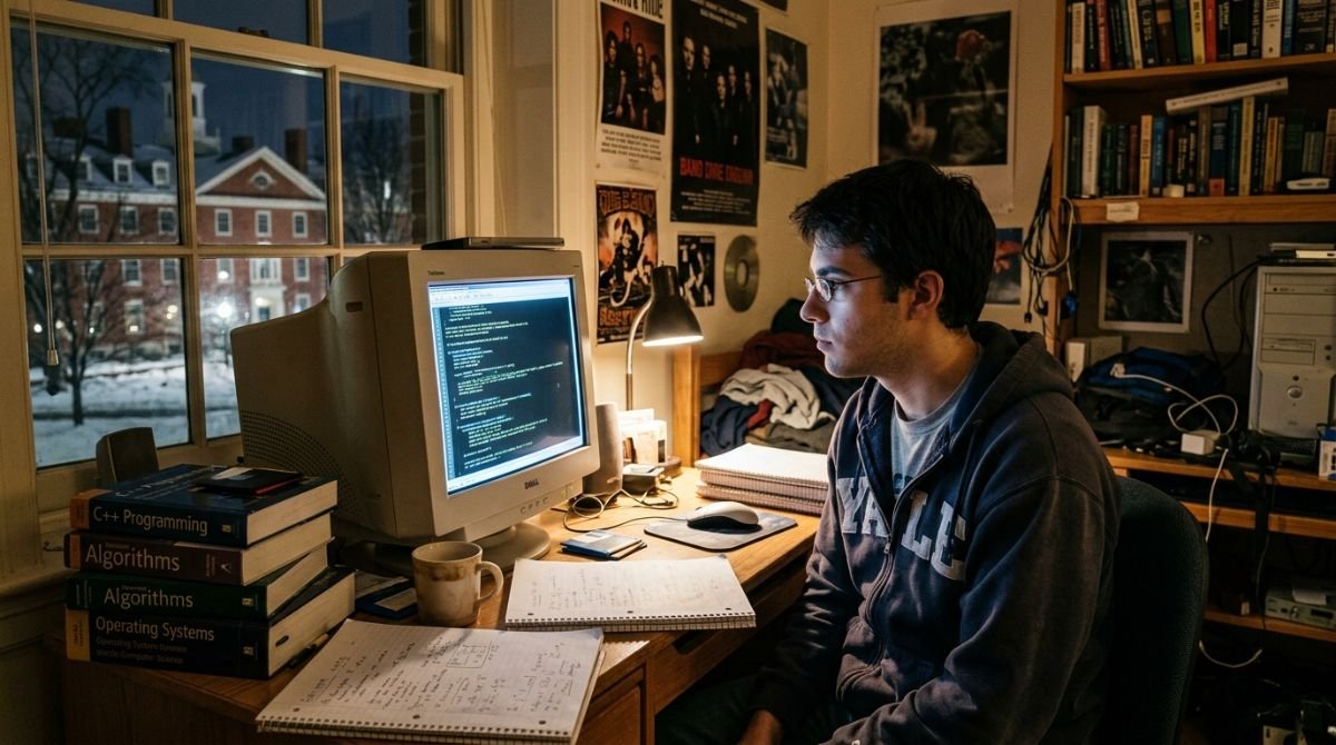 Estudiante de informatica programando frente a un monitor de tubo en un dormitorio de Harvard en 2003