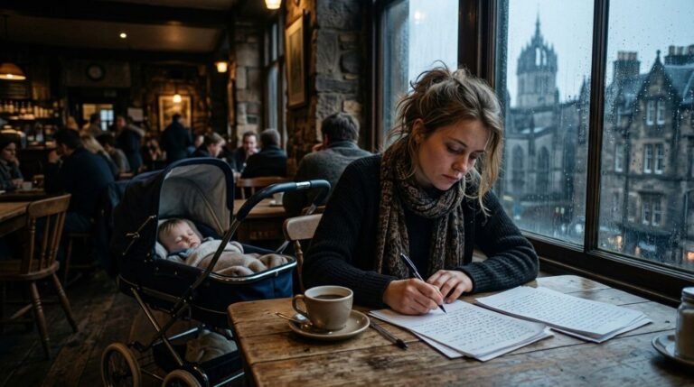 Escritora solitaria en un café cálido de Edimburgo frente a la ventana en un día lluvioso de invierno