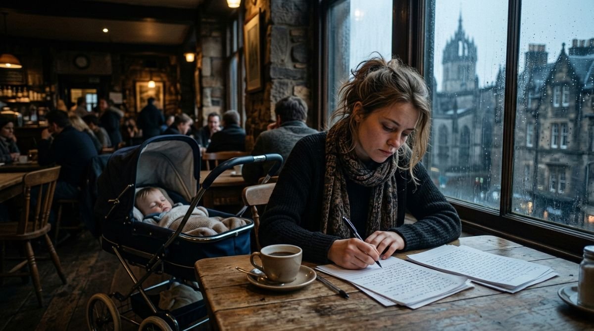 Escritora solitaria en un café cálido de Edimburgo frente a la ventana en un día lluvioso de invierno