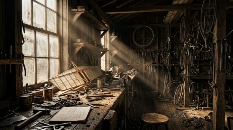 Interior del historico taller de bicicletas de los hermanos Wright en Dayton, con herramientas de epoca y piezas mecanicas bajo una luz cinematografica.