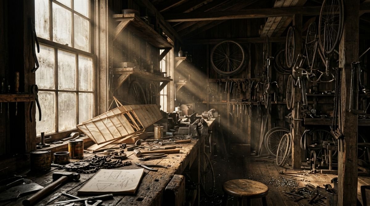 Interior del historico taller de bicicletas de los hermanos Wright en Dayton, con herramientas de epoca y piezas mecanicas bajo una luz cinematografica.