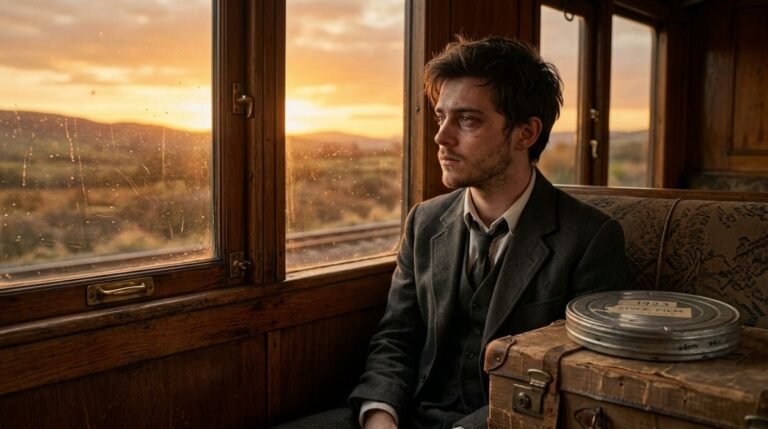 Joven de los anos 1920 viajando en tren con maleta de carton y rollo de pelicula hacia Los Angeles