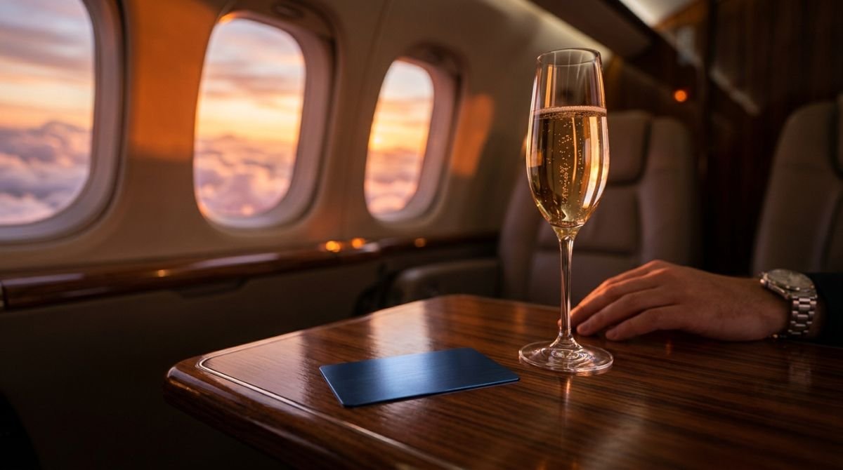 Tarjeta de crédito premium en cabina de avión de lujo con vista al atardecer representando recompensas de viaje.