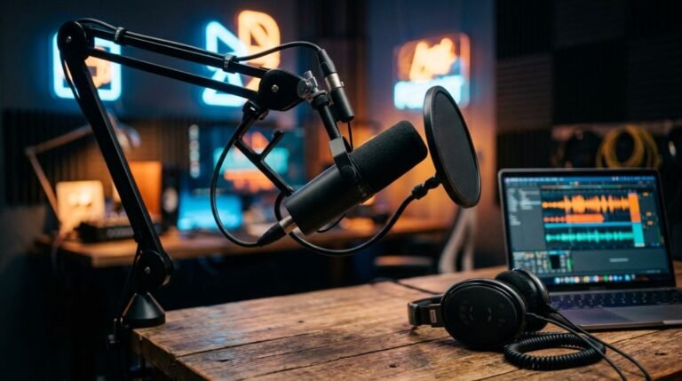 Estudio de podcasting profesional con un micrófono de alta gama en primer plano y ondas de audio de fondo
