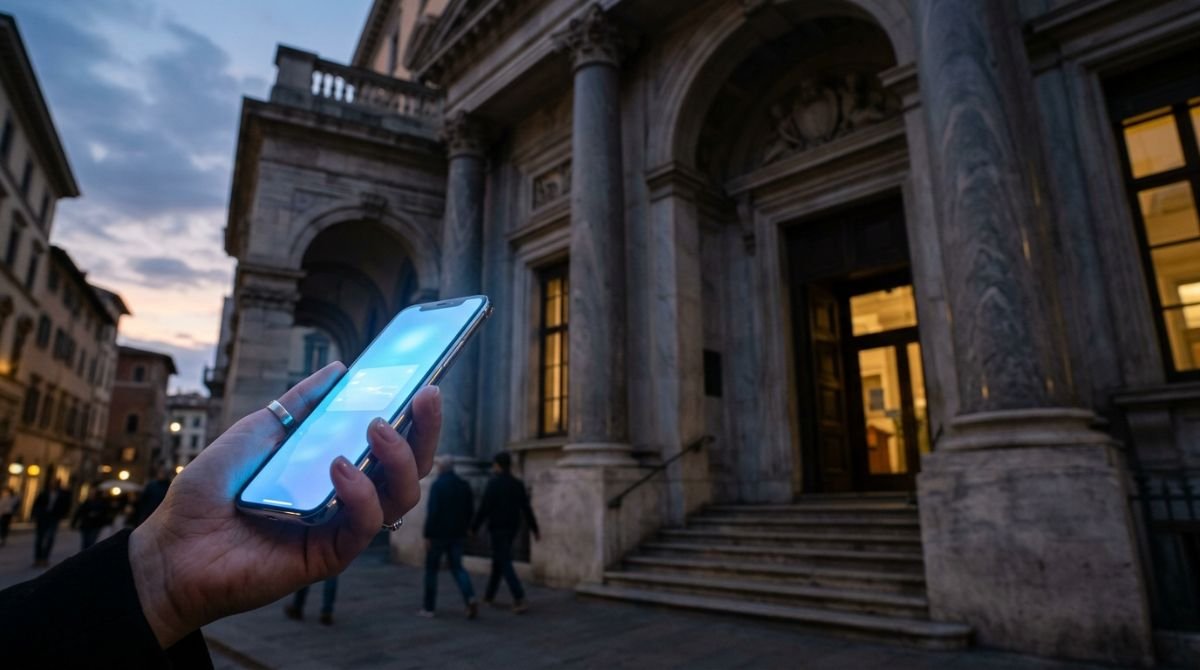 Primer plano de mano con smartphone frente a columnas de banco tradicional de mármol, representando el cambio a la banca digital sin comisiones.