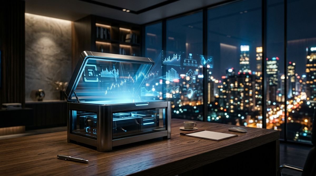 Cofre moderno y tecnológico en una oficina representando la gestión financiera inteligente y estratégica para pequeñas empresas.
