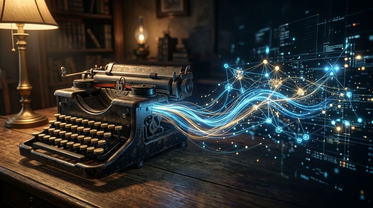 Representación conceptual de la evolución de la transcripción, fusionando una máquina de estenotipia clásica con ondas de sonido digitales y redes neuronales de inteligencia artificial.