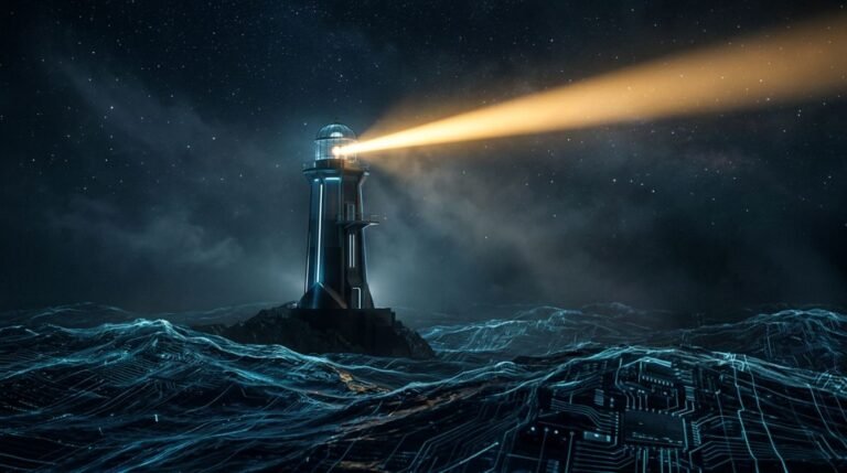 Faro tecnológico iluminando un océano de datos digitales representando una landing page optimizada