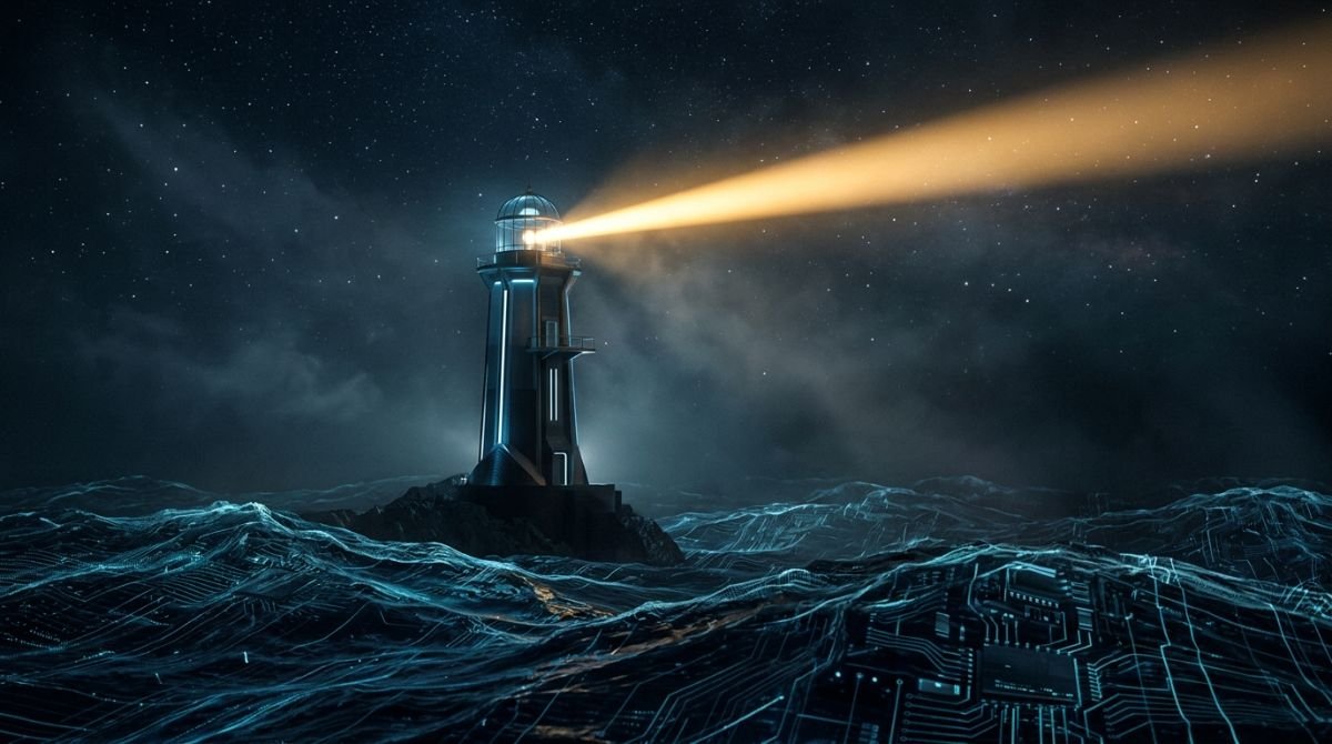 Faro tecnológico iluminando un océano de datos digitales representando una landing page optimizada