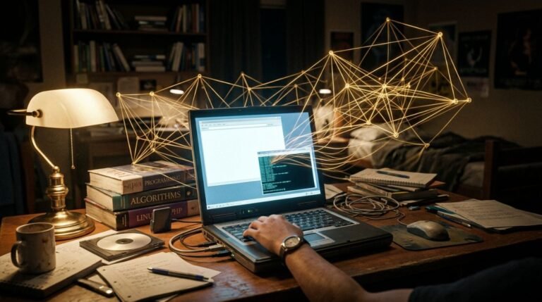 Representación visual del origen de las redes sociales y la Ley de Metcalfe con conexiones digitales luminosas.