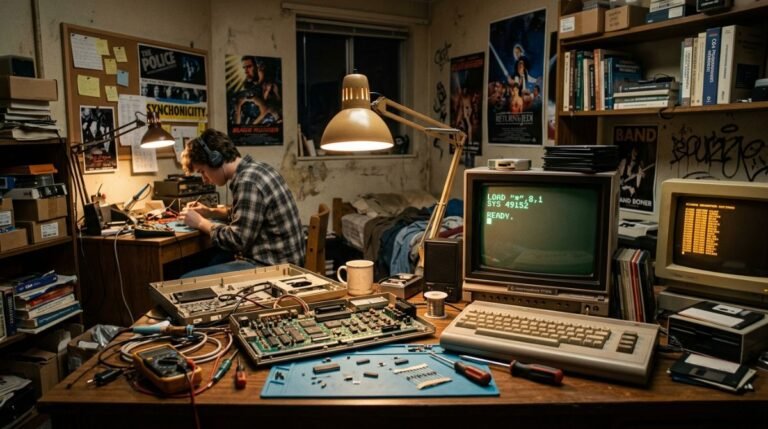 Dormitorio de estudiantes de 1984 con piezas de ordenadores desmontadas sobre la mesa de Michael Dell