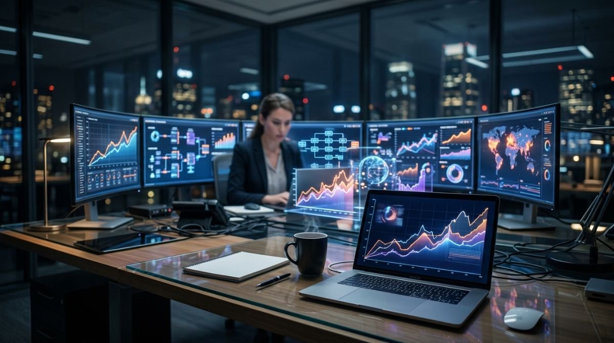 Graficos de tendencias de mercado ascendentes y analisis de datos en pantallas de un espacio de trabajo moderno.