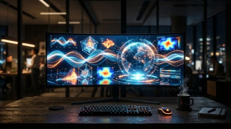 Gráficos de analítica web en 3D y mapas de calor en un monitor de computadora, ilustrando el análisis de tráfico de un sitio web de manera profesional.