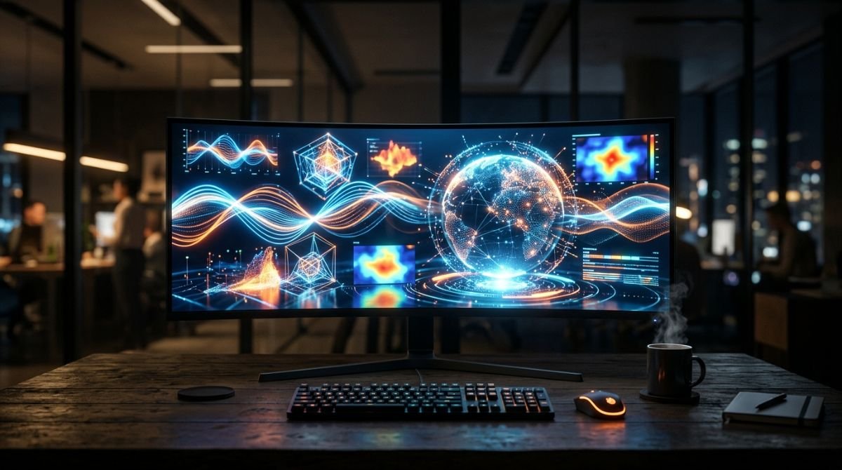 Gráficos de analítica web en 3D y mapas de calor en un monitor de computadora, ilustrando el análisis de tráfico de un sitio web de manera profesional.
