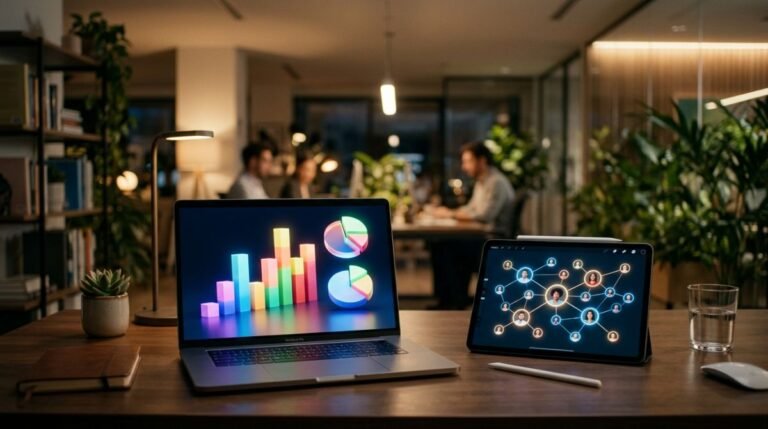 Computadora portátil y tableta digital mostrando gráficos abstractos de análisis de datos y estudios de mercado en una oficina moderna.