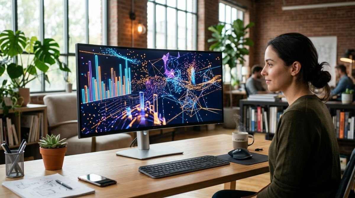 Espacio de trabajo de diseno con un monitor curvo que muestra sofisticadas visualizaciones de datos y graficos abstractos en tres dimensiones.