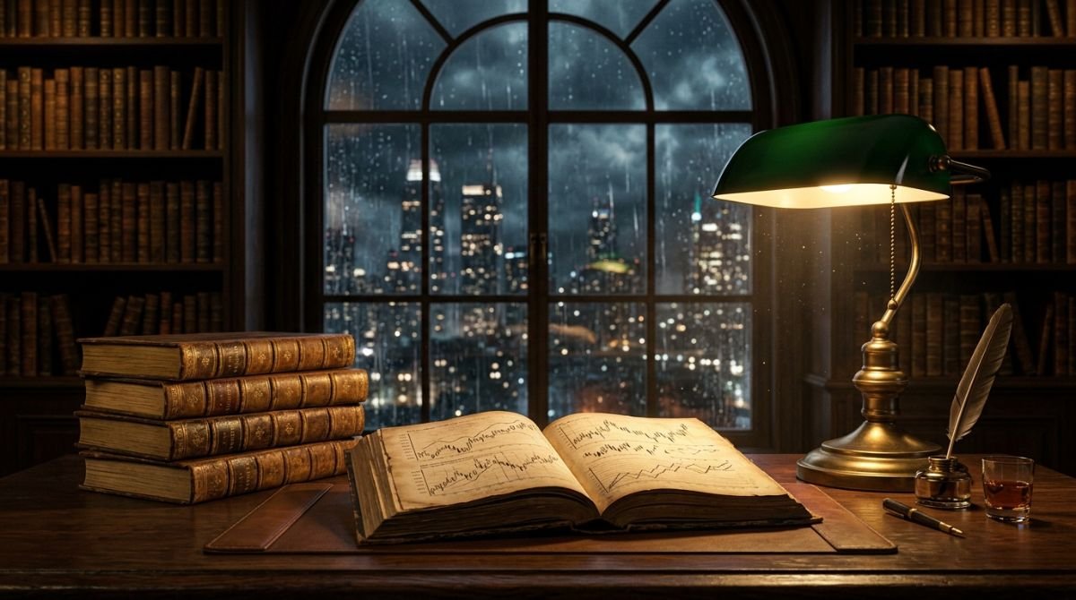 Libros antiguos de historia económica y gráficos financieros iluminados por una lámpara de banquero en un escritorio clásico.