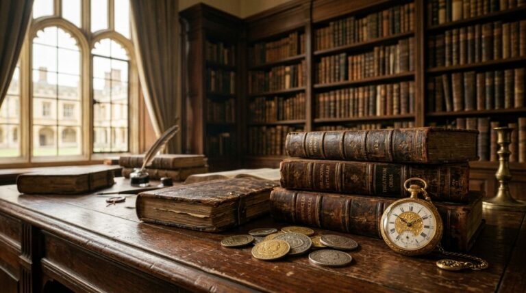 Coleccion de libros antiguos de cuero y monedas de oro de epoca en una biblioteca que representan la historia de la banca.