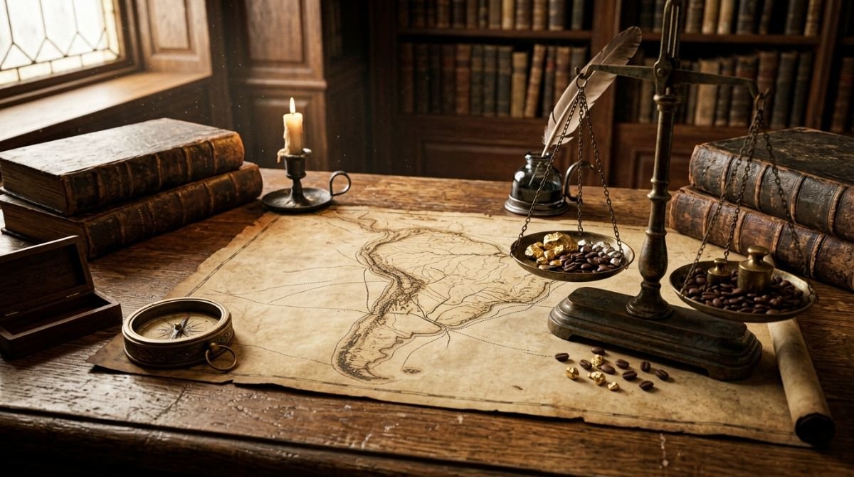 Escritorio antiguo con mapa de pergamino de América Latina, libros de cuero viejos, balanza de latón y monedas, simbolizando el análisis de la historia económica regional.