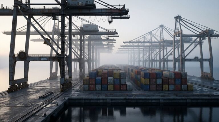 Vista aérea de un puerto comercial industrial vacío y silencioso con grúas detenidas bajo la niebla simbolizando la crisis económica.