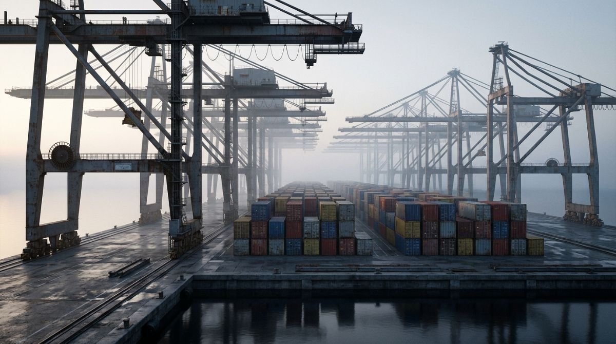 Vista aérea de un puerto comercial industrial vacío y silencioso con grúas detenidas bajo la niebla simbolizando la crisis económica.