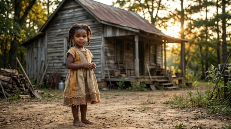 Niña afroamericana con vestido de saco en una granja rural de Mississippi en los años 50, representación de la infancia de Oprah Winfrey.