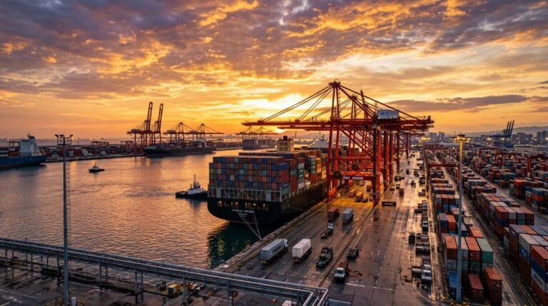 Puerto maritimo comercial a gran escala con un buque de carga lleno de contenedores de colores al atardecer, representando la logistica global.