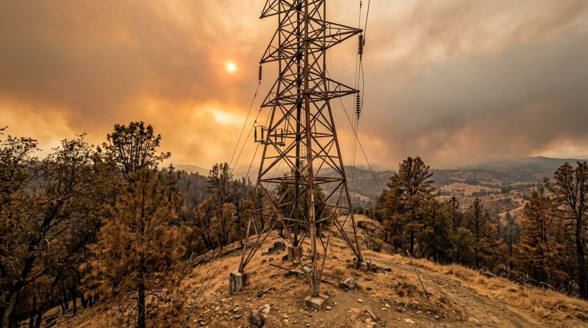 Torre de alta tension obsoleta y deteriorada en un bosque seco de California bajo un cielo cubierto de humo de incendio forestal