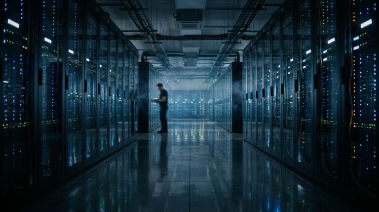 Servidores de alojamiento web en un centro de datos moderno que representa la infraestructura digital segura y los cimientos financieros de un negocio.