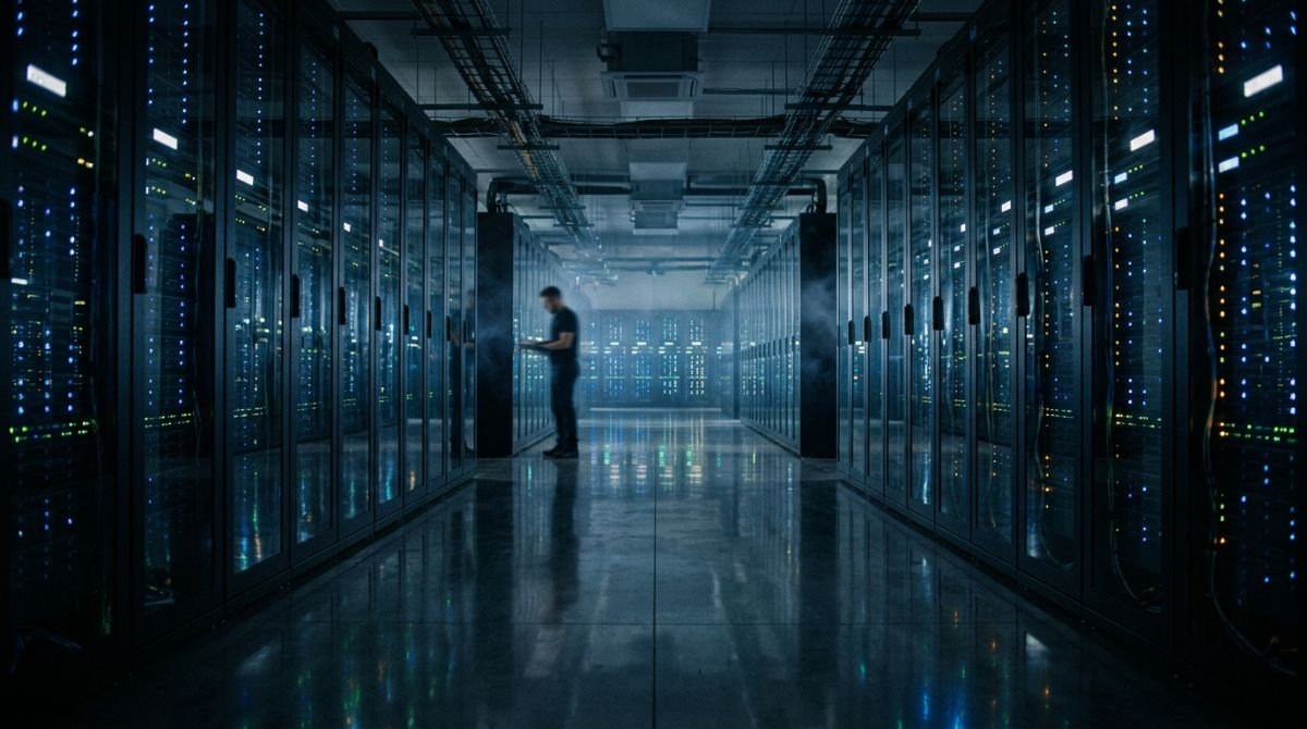 Servidores de alojamiento web en un centro de datos moderno que representa la infraestructura digital segura y los cimientos financieros de un negocio.