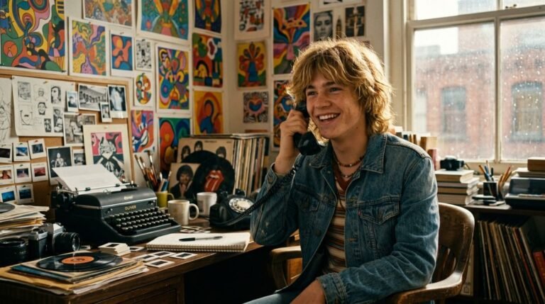 Joven emprendedor de los anos 60 con telefono de disco en una oficina vintage creativa