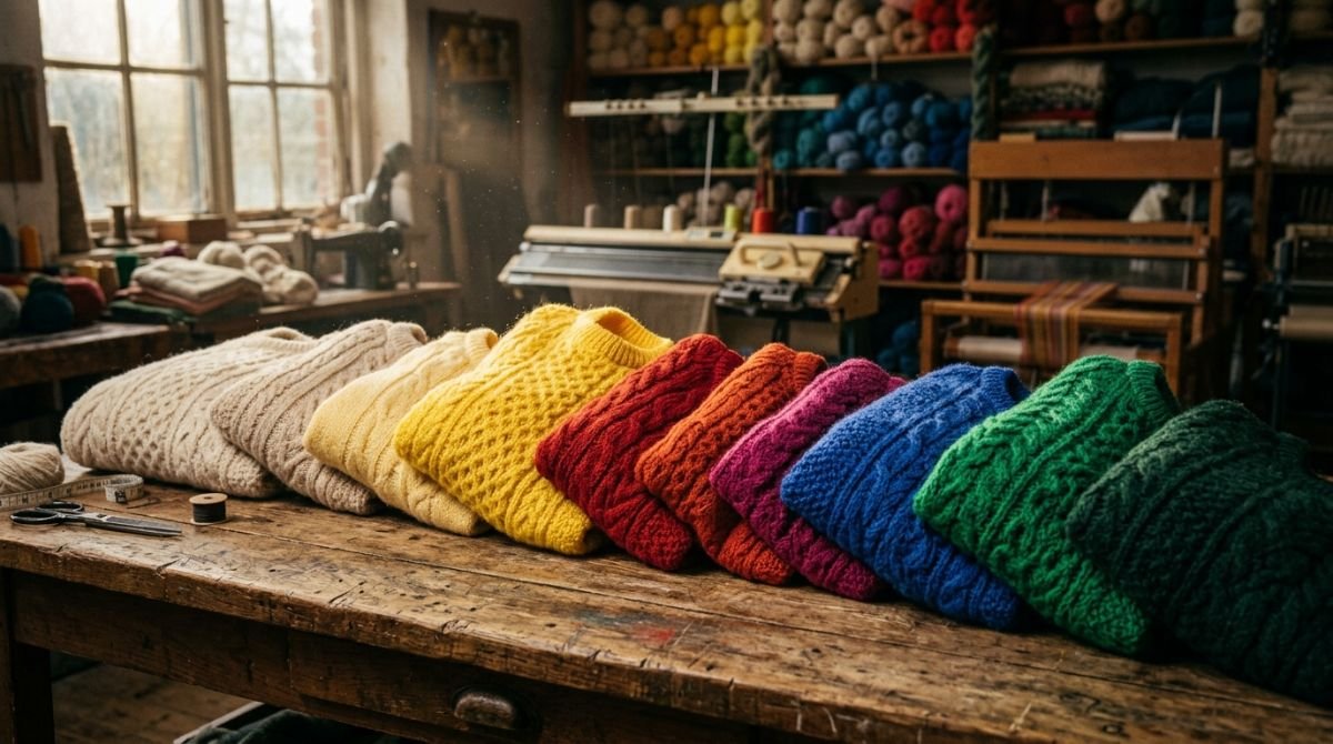 Sueteres de lana en transicion de tonos crudos a colores vibrantes en un taller de costura de los anos 80