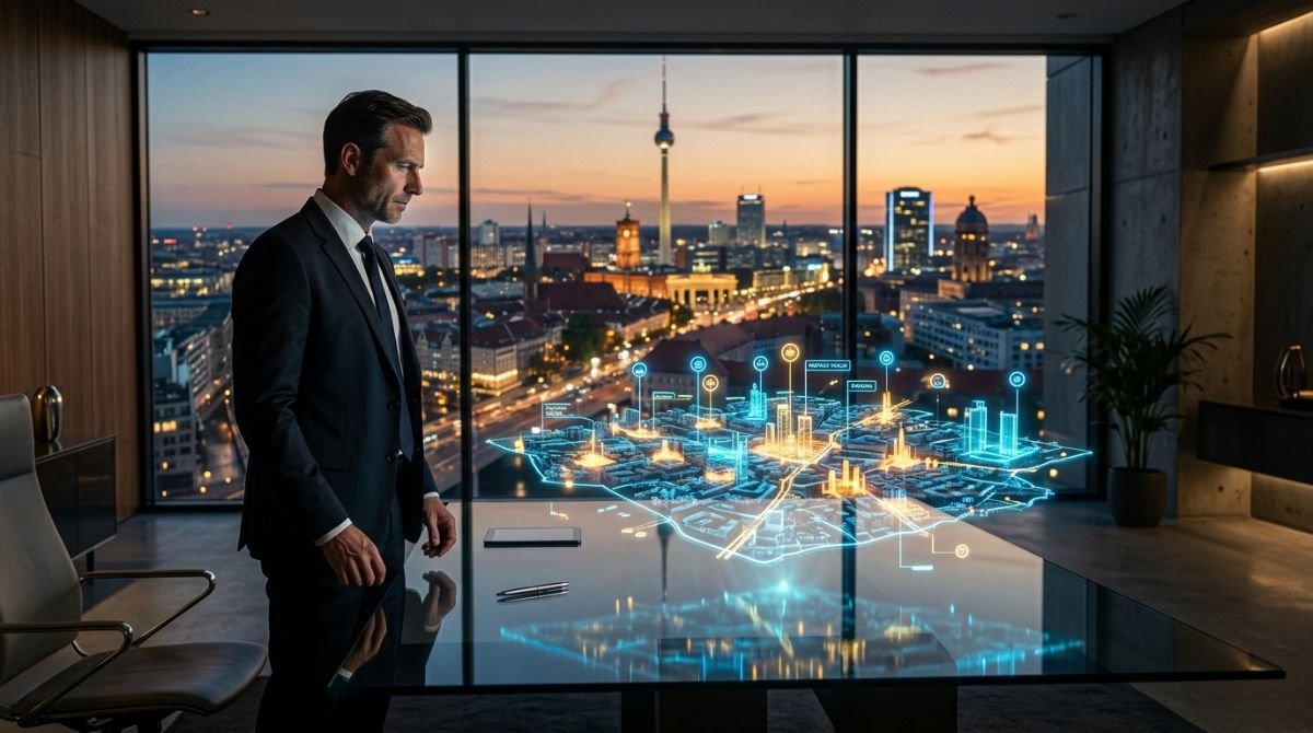 Representación visual del análisis de datos inmobiliarios mediante mapas holográficos y tecnología de precisión sobre una ciudad