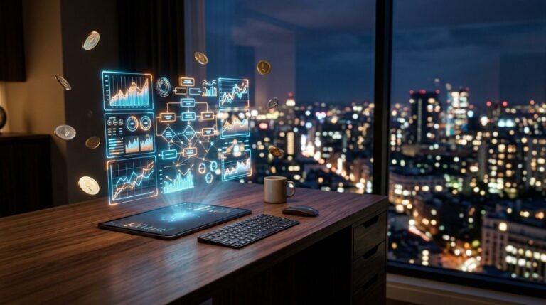 Vista de un escritorio de trabajo tecnológico con hologramas 3D de gráficos financieros y criptomonedas para la gestión de portafolios de criptoactivos.