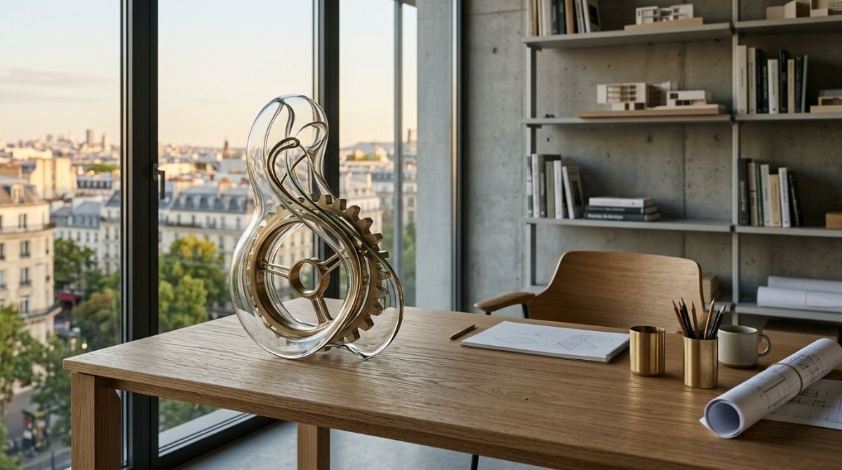 Representación conceptual de la arquitectura de la eficiencia y la gestión del tiempo a través de un espacio minimalista y una escultura abstracta.