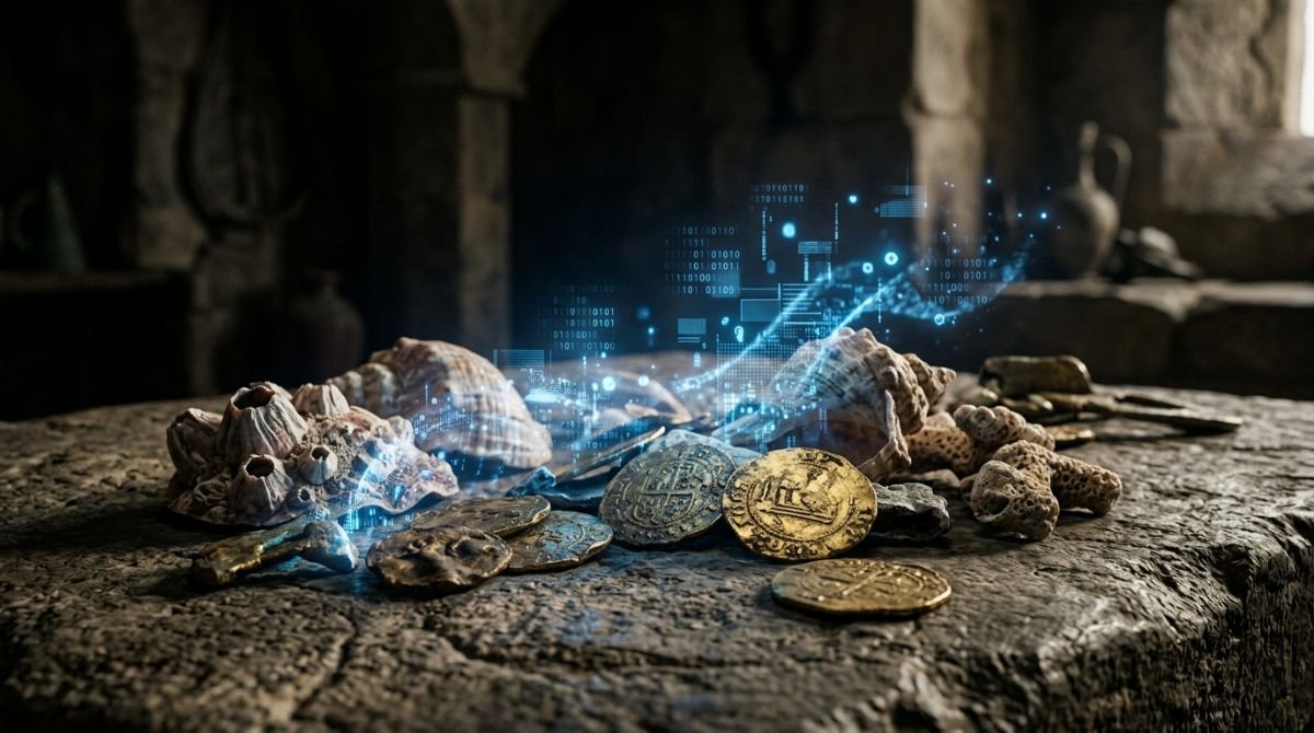 Evolución conceptual del dinero desde conchas marinas y monedas de oro hasta flujos de energía digital representando la confianza humana.
