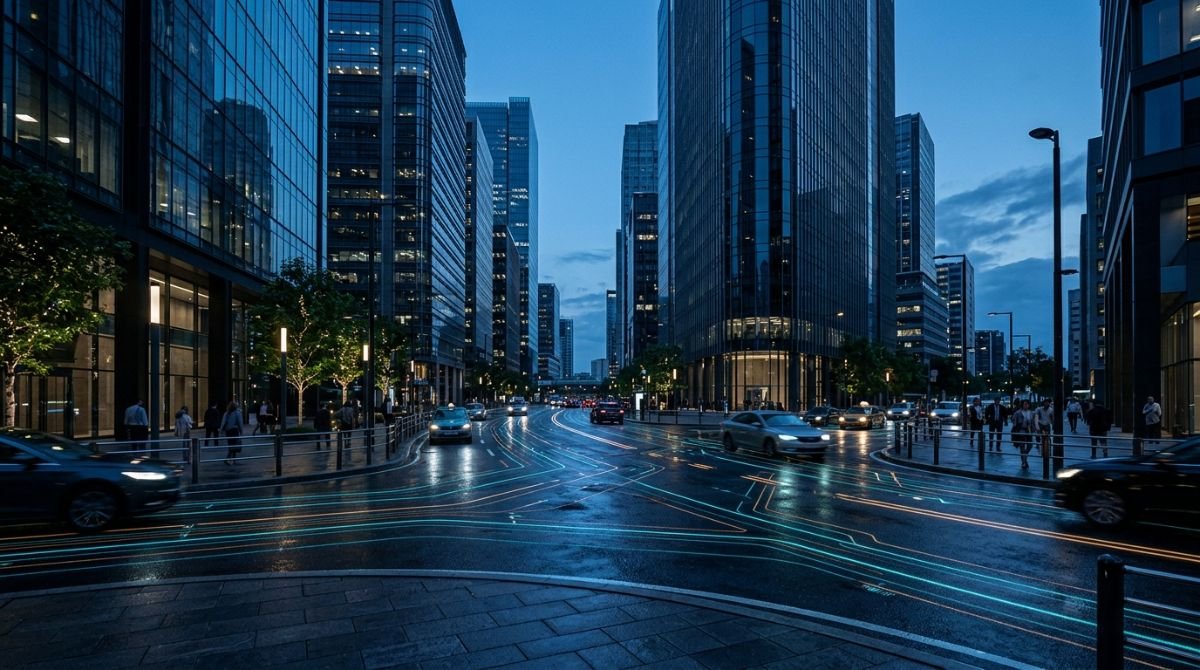 Representación visual de la infraestructura digital y flujos de datos bajo el asfalto de una Smart City moderna.