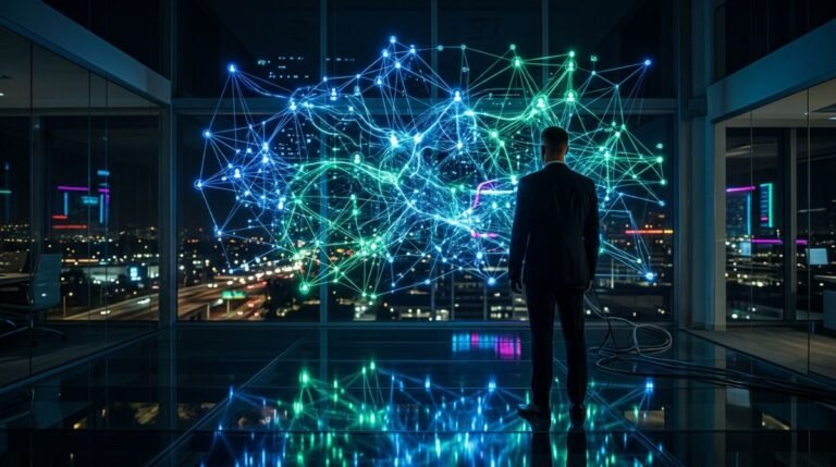 Red de conexiones digitales iluminada en una oficina tecnológica de Silicon Valley que simboliza el grafo social.