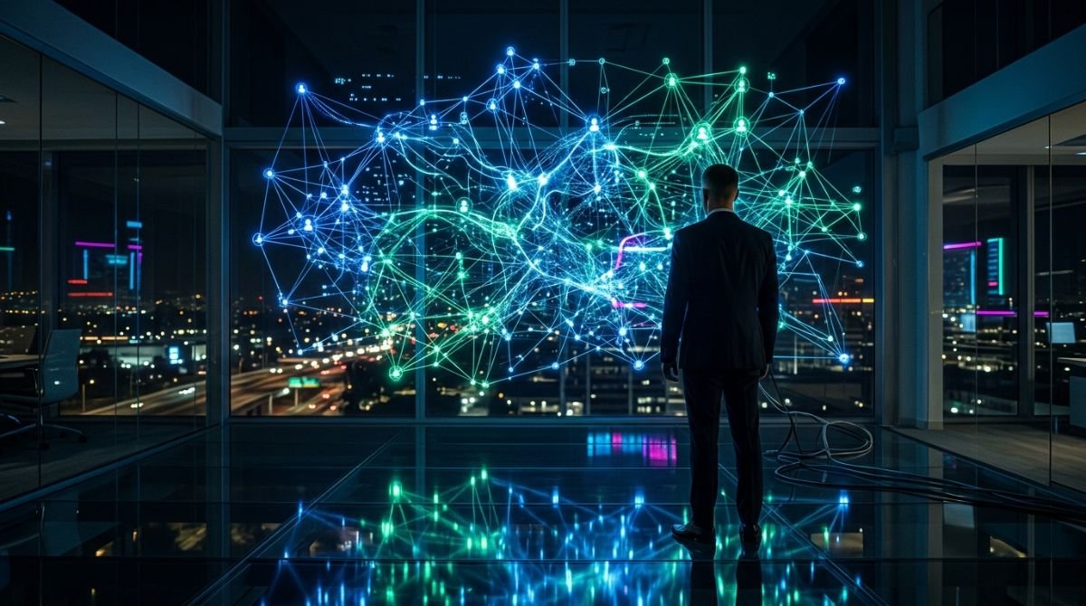 Red de conexiones digitales iluminada en una oficina tecnológica de Silicon Valley que simboliza el grafo social.