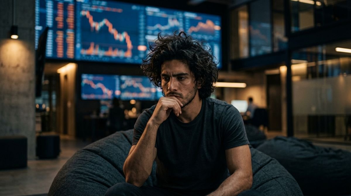 Retrato conceptual inspirado en Sam Bankman-Fried y el colapso de FTX, mostrando a un joven desaliñado frente a gráficos financieros.